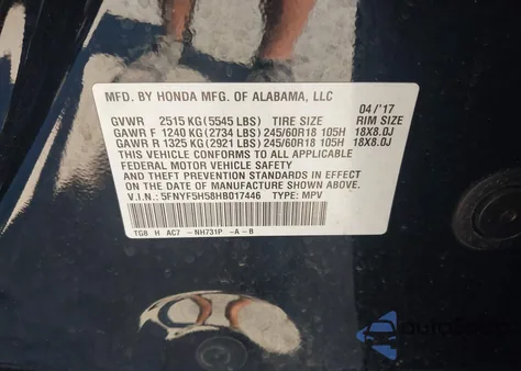 2017 Honda Pilot Ex-L из США, поврежденный, VIN 5FNYF5H58HB017446